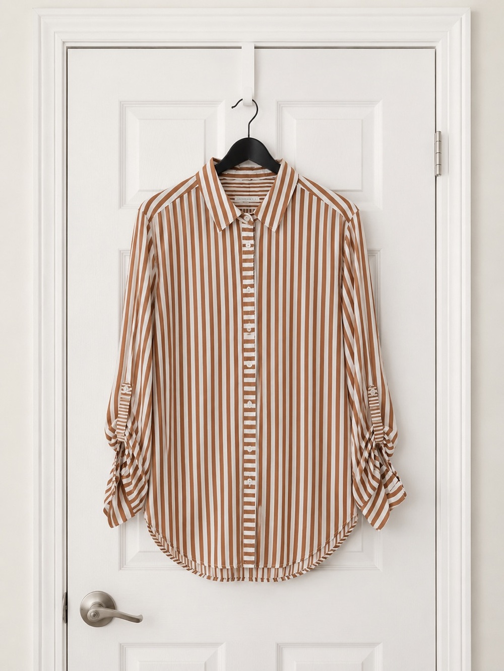Jane +Delancey Brown Cream Striped Rayon Tunic Roll Tab Sleeve Button Back